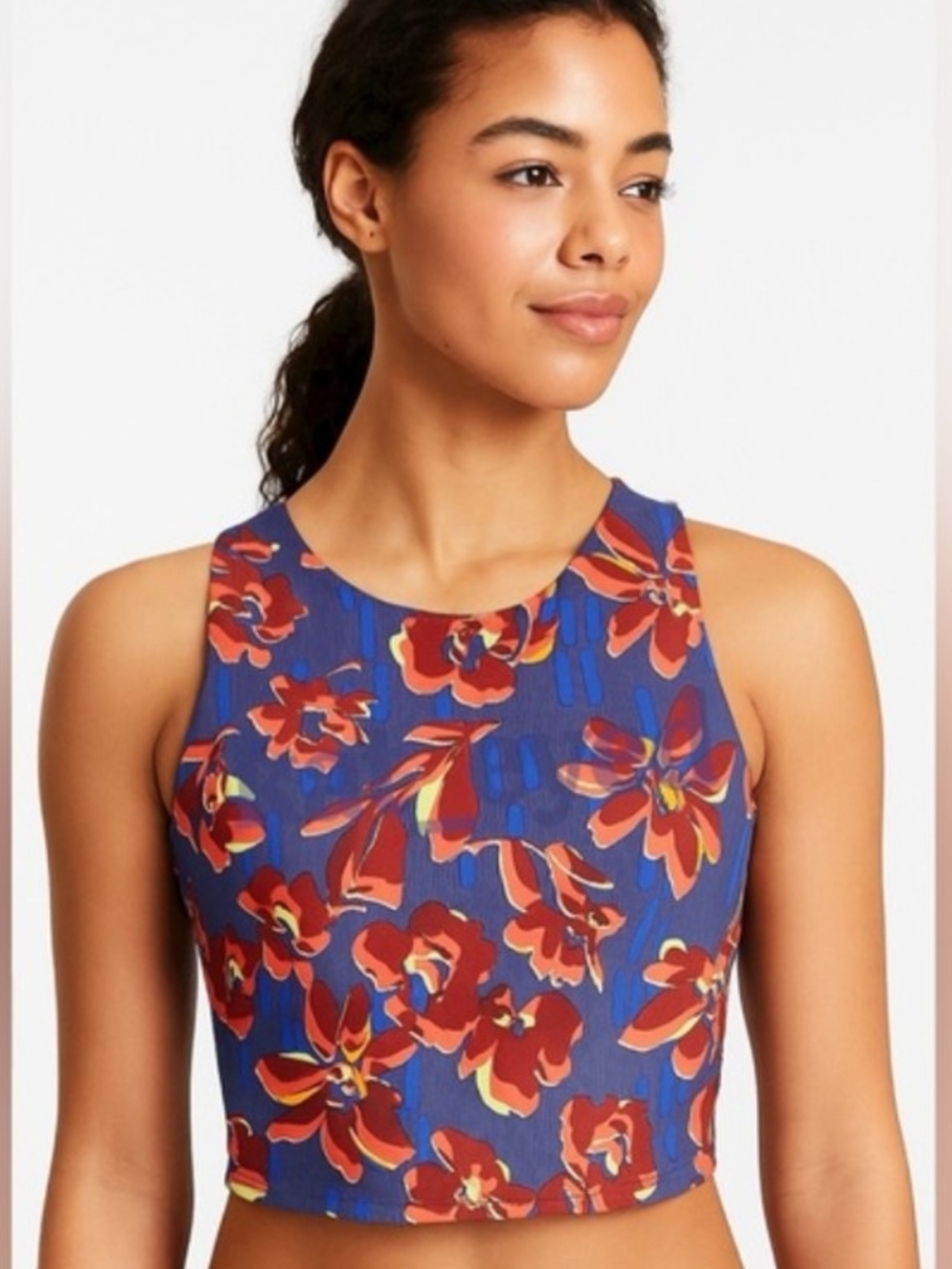 ATHLETA Conscious Crop Blue Floral Cropped Tank Sports Bra Size XL D-DD